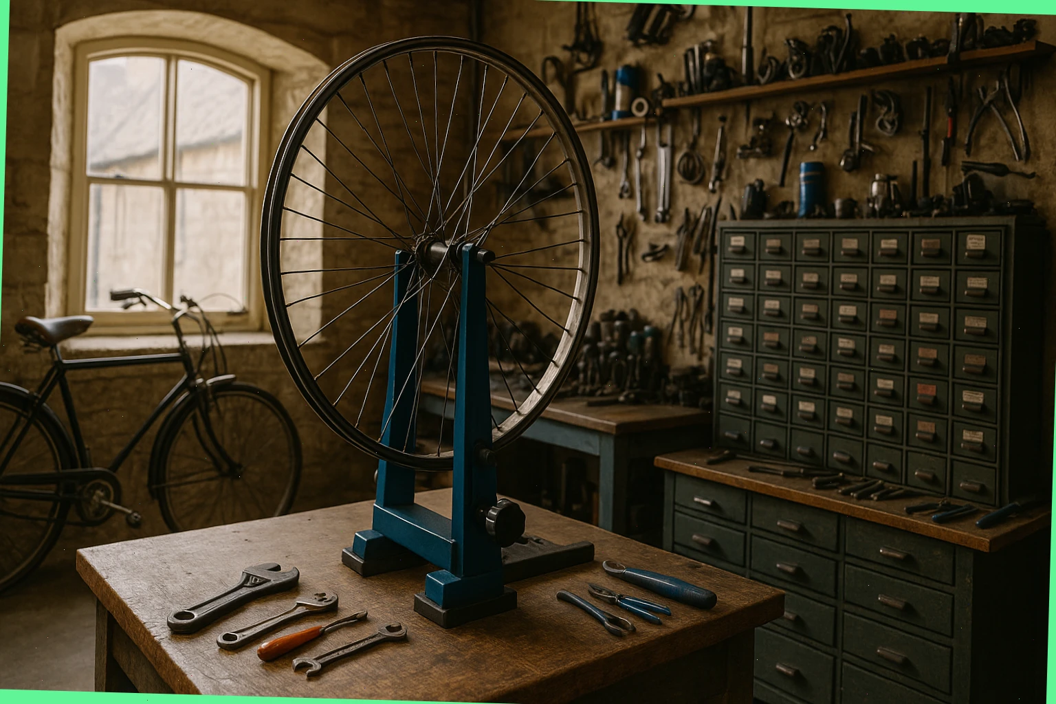 Wide view of a Bath workshop with truing stand and parts drawers