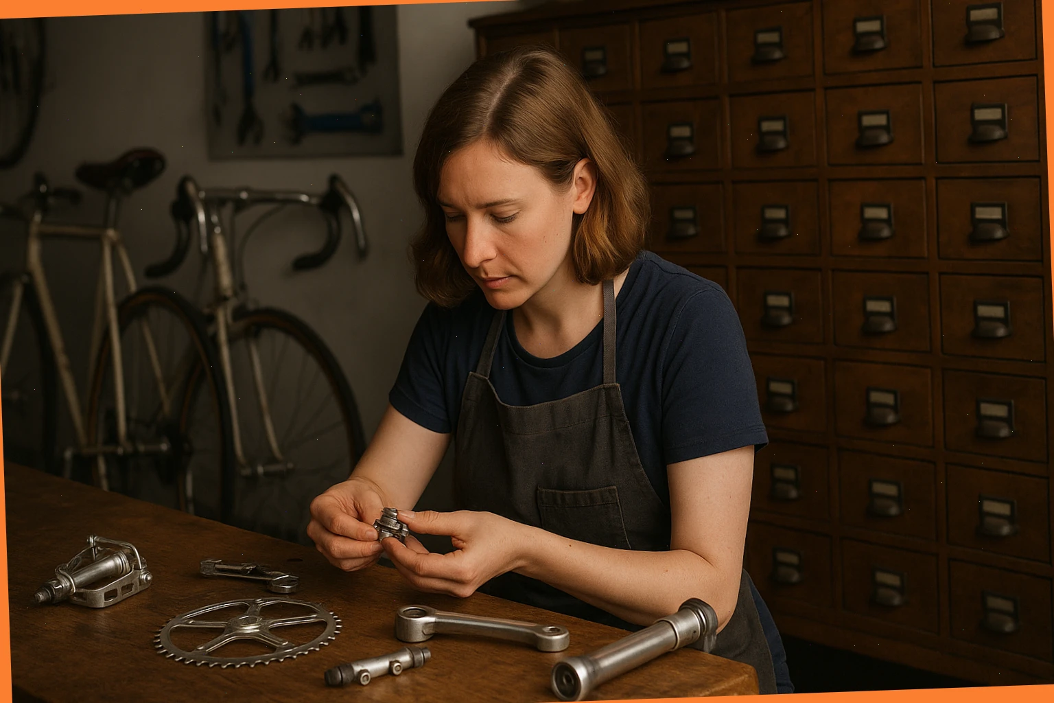 Mechanic Emma at a parts desk matching period components