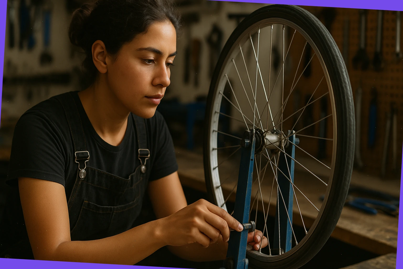 Mechanic Sofia adjusting a wheel on a truing stand