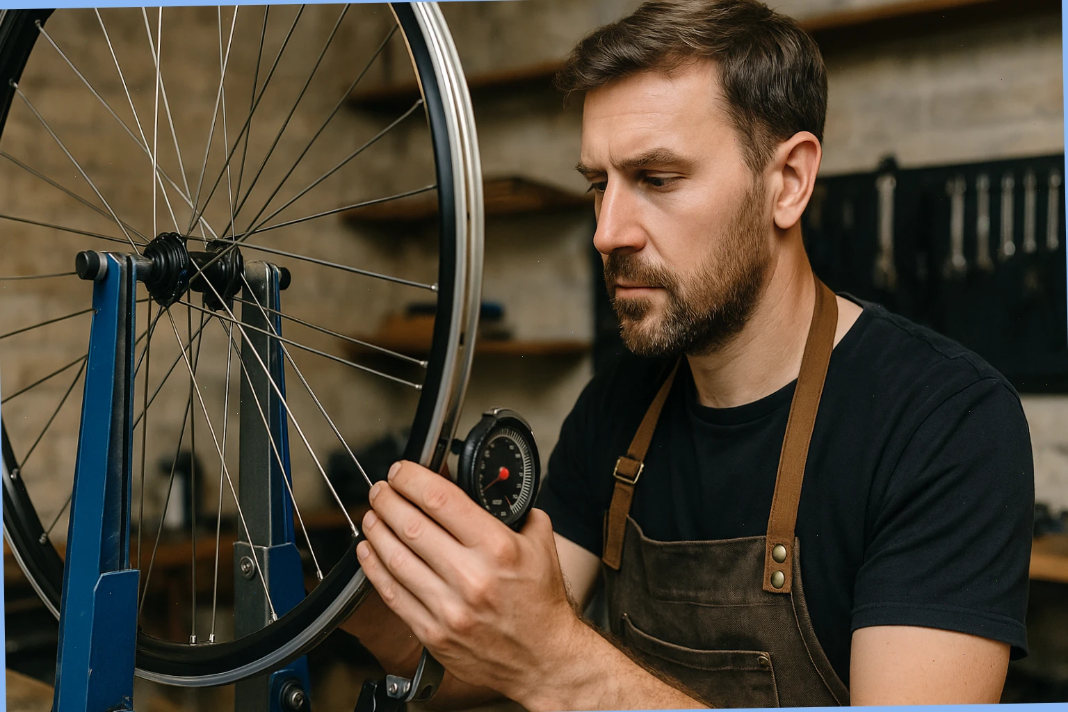 Mechanic Tom setting spoke tension with a gauge